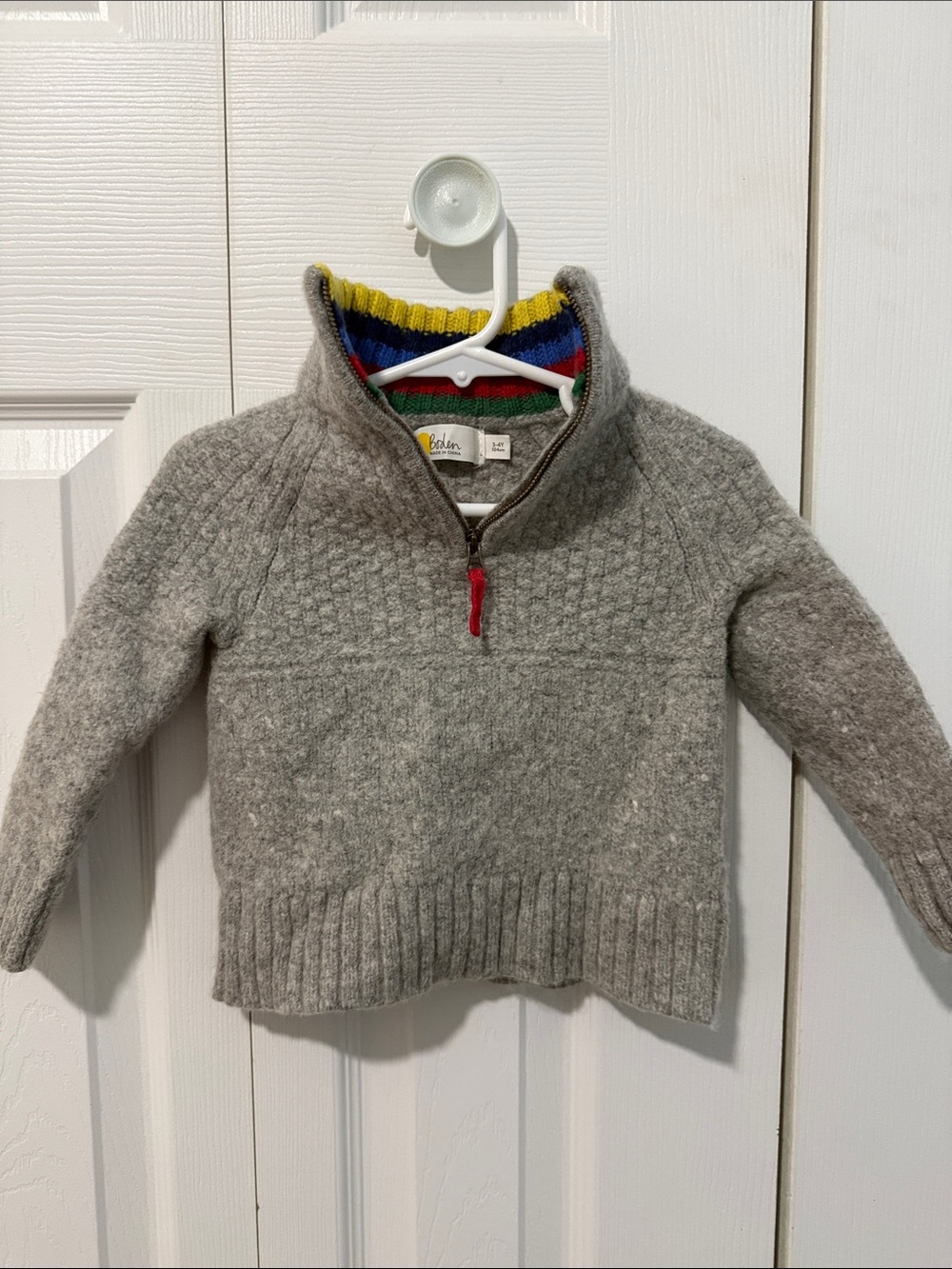 Boden Gray Half-Zip Kids Sweater with Multicolor Stripe Lining
